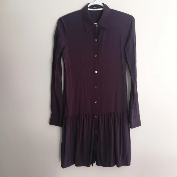 Theory Failly Rove Pleated Drop Waist Long Sleeve Purple Button Shirt Dress 2 - Picture 3 of 16